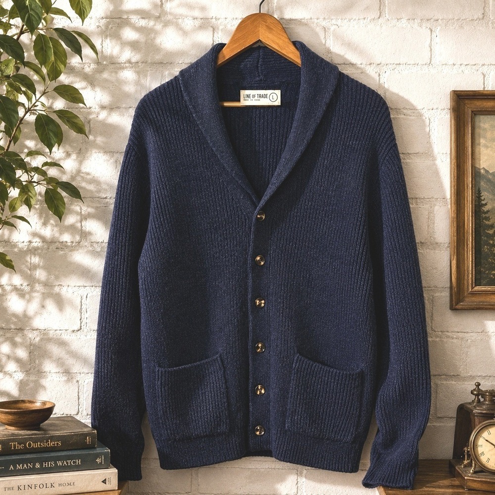 Mens Shetland Wool Shawl Collar Navy Cardigan Size L Academia Grandpa Preppy